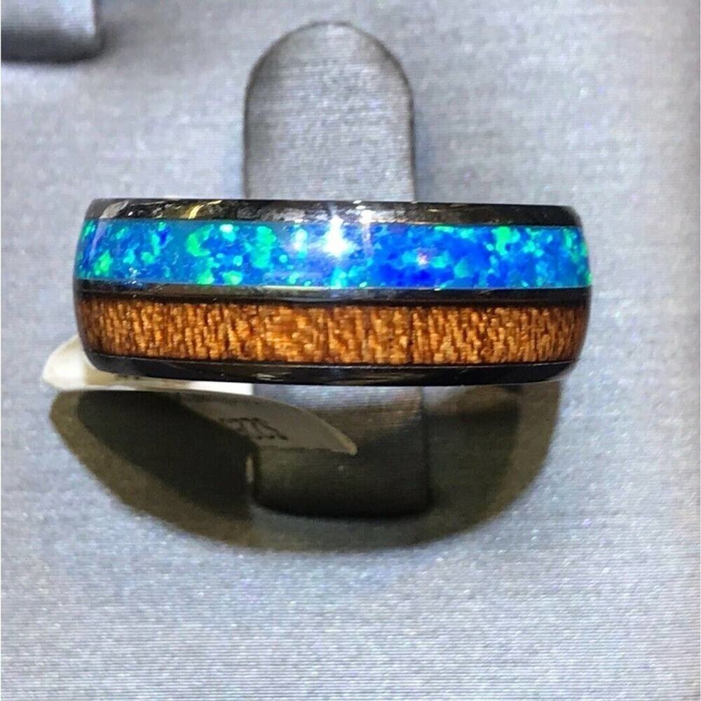 Mens Tungsten Ring Sz10 Black/Lab Opal & Wood Strips Unique Look New W Tags